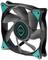 Un ventilateur d'ordinateur noir avec des pales grises et des accents turquoise. Sur le moyeu, il est inscrit 'Iceberg Thermal'.