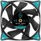 Un ventilateur d'ordinateur noir avec des accents turquoise. Inscription au centre : « DC 12V / 0,20A IceGALE 120 mm ».
