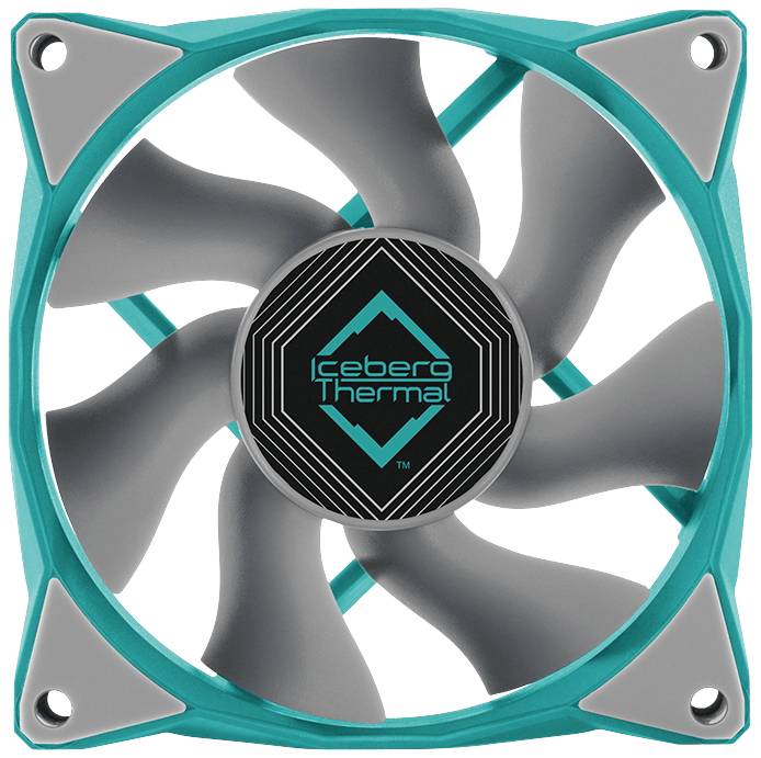 Un ventilateur d'ordinateur aux pales grises et au cadre turquoise. Au centre se trouve le logo 'Iceberg Thermal'.