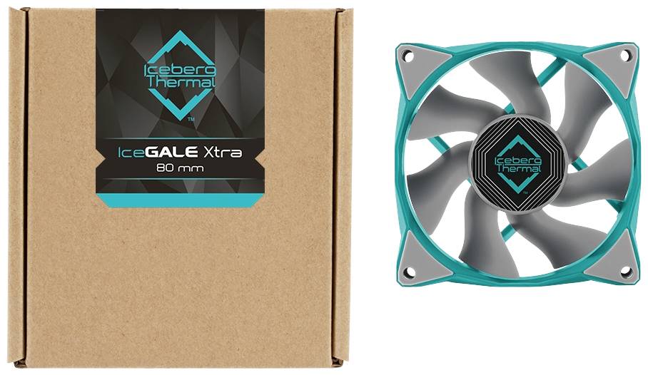 Emballage de l''Iceberg Thermal IceGALE Xtra 80 mm' à côté d'un ventilateur de boîtier bleu à cinq pales grises et un logo central noir.