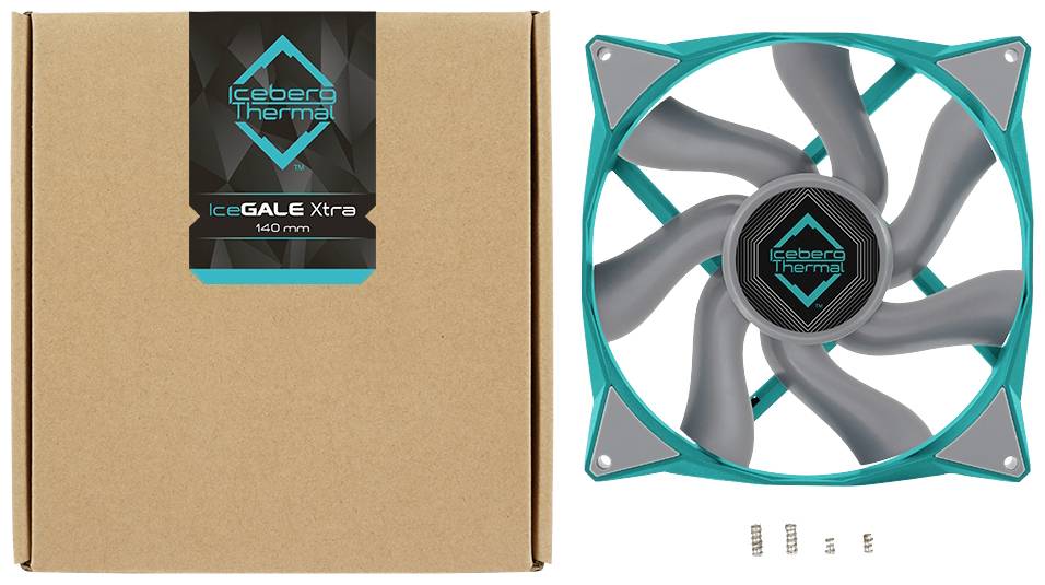 Ventilateur 'Iceberg Thermal IceGALE Xtra 140 mm' avec un cadre turquoise et des pales de rotor gris à côté de son emballage.