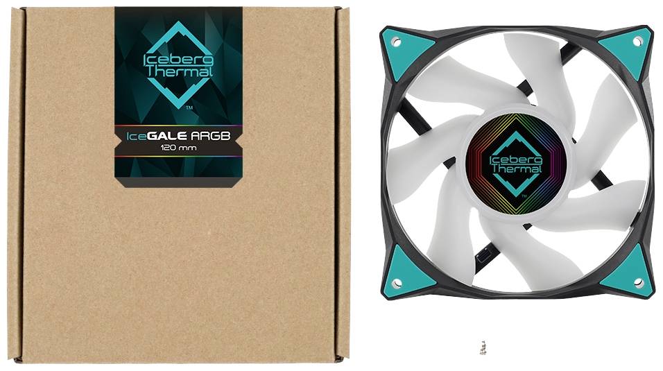 Ventilateur de boîtier 'Iceberg Thermal IceGALE ARGB 120 mm' en noir et turquoise avec son emballage.