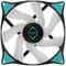 Ventilateur 'Iceberg Thermal' avec pale blanche et des touches de couleur turquoise, logo central sur un motif géométrique.