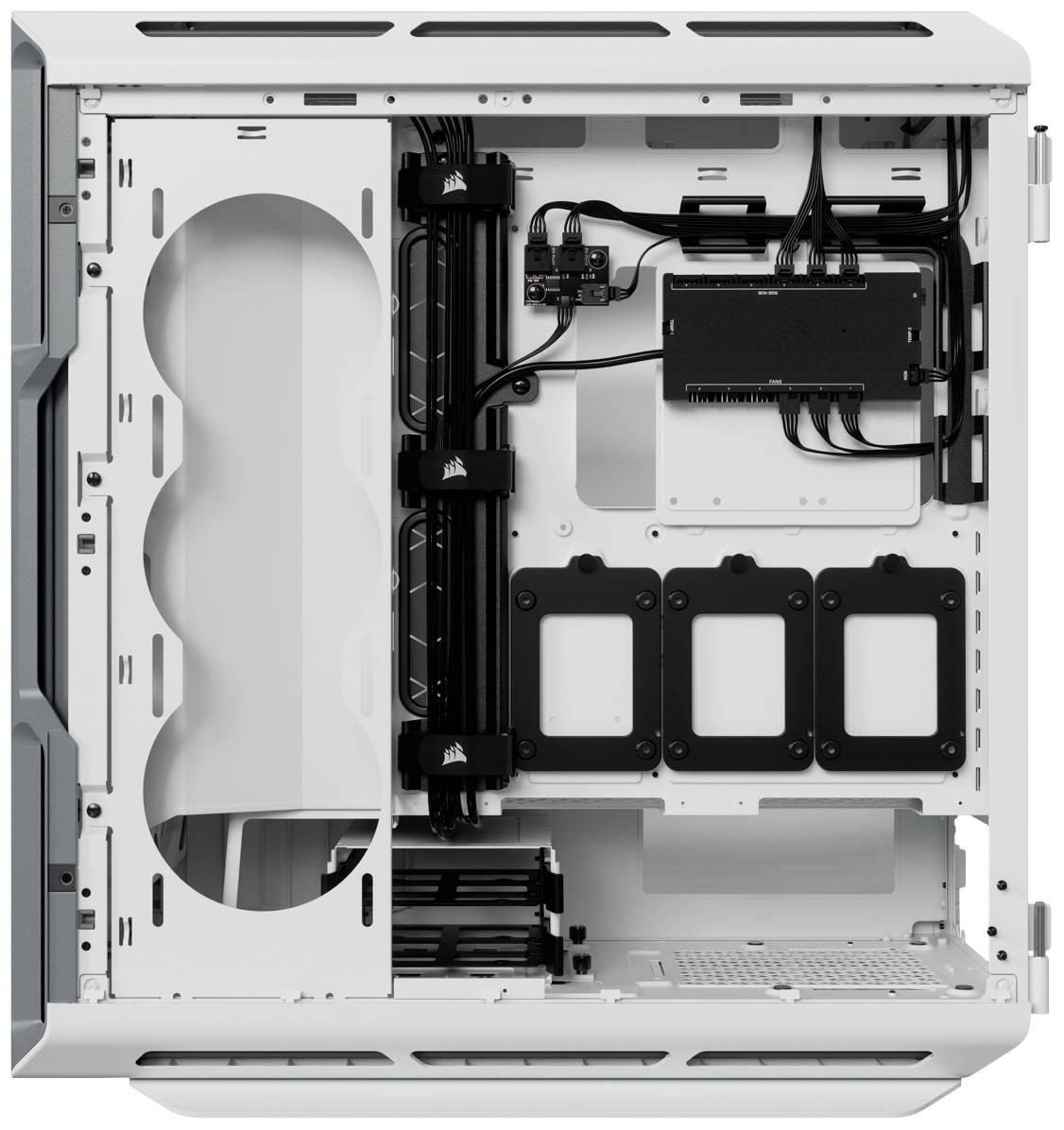 Vue intérieure d'un boîtier d'ordinateur avec gestion des câbles, supports de montage pour ventilateurs et espace pour cartes d'extension.