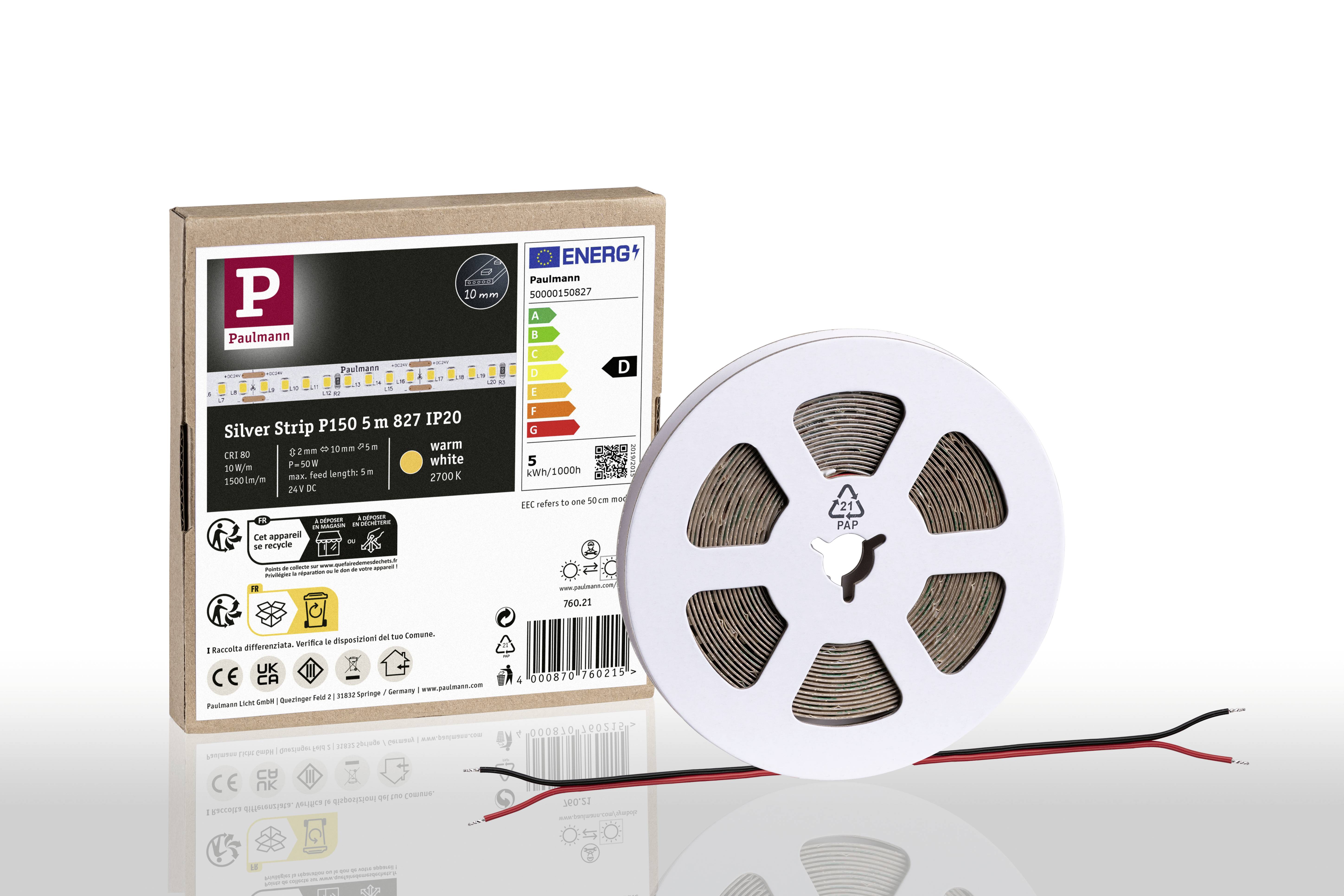 Une barre lumineuse LED sur un rouleau devant un emballage avec étiquette énergétique et détails techniques. Classe énergétique F.