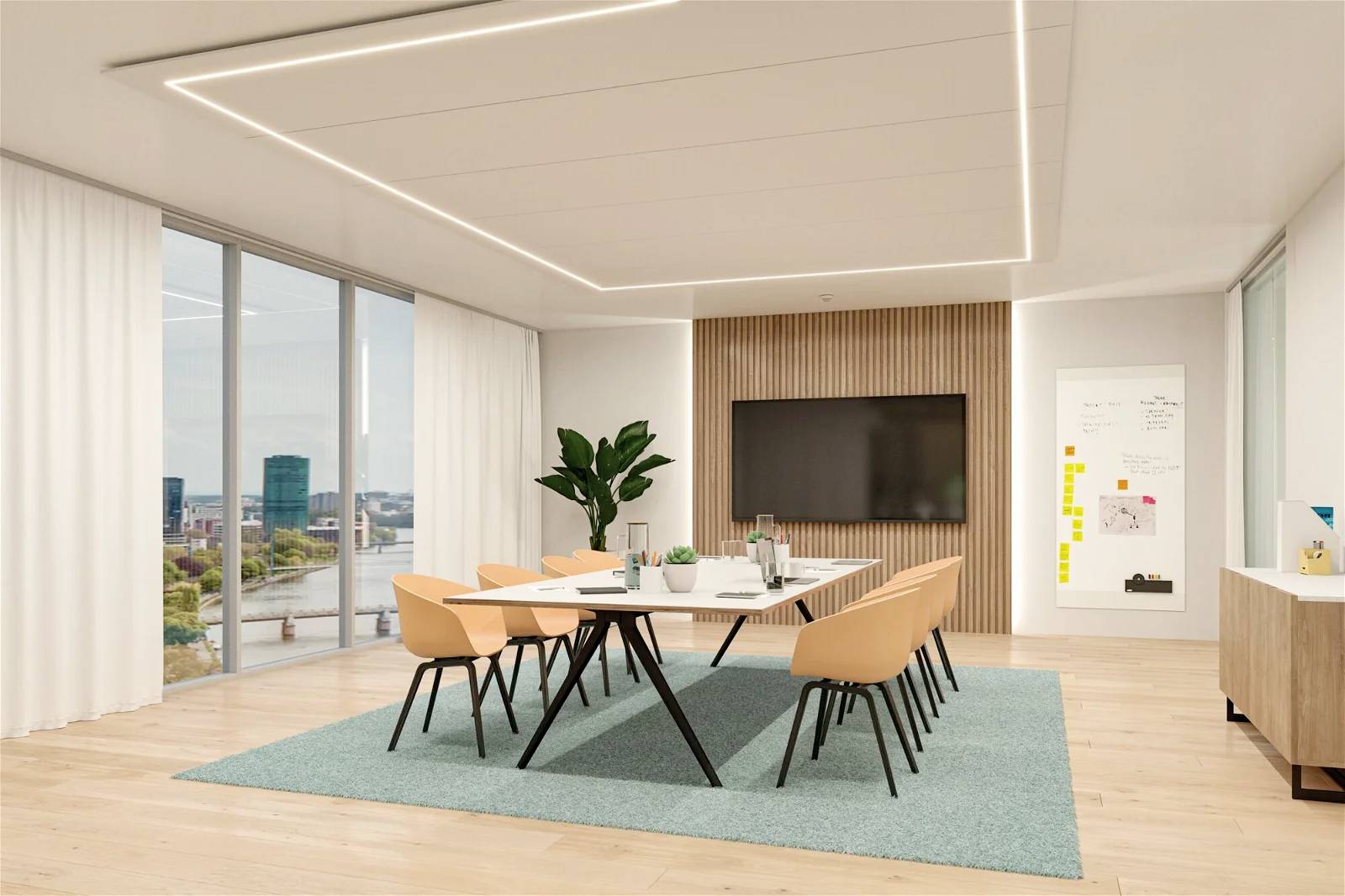 Salle de réunion moderne avec une grande table, huit chaises, un grand écran mural et des fenêtres offrant une vue sur la ville.