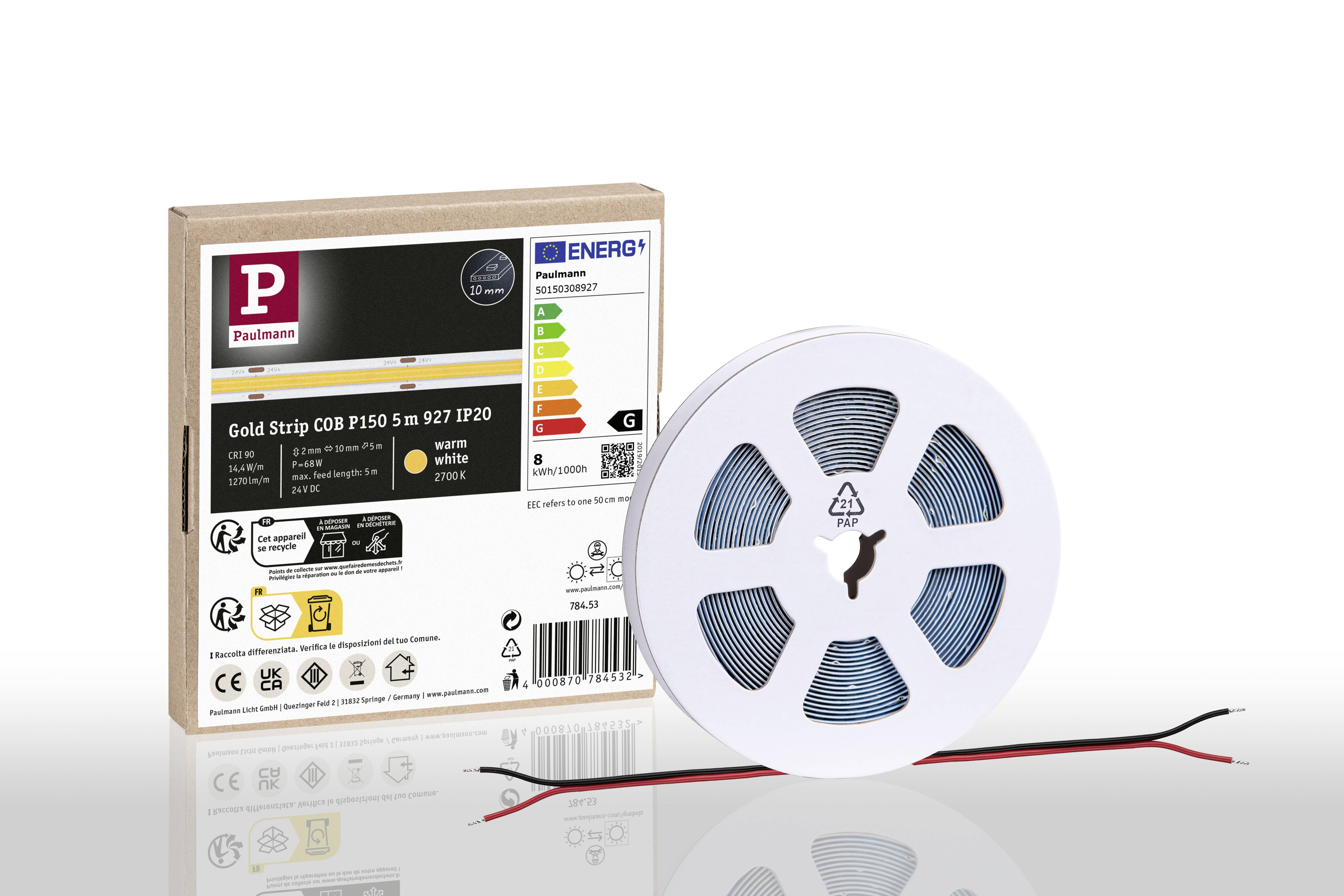 Ruban LED sur un rouleau et son emballage avec étiquette d'efficacité énergétique, nom de marque en haut à gauche. Adapté pour un éclairage blanc chaud.