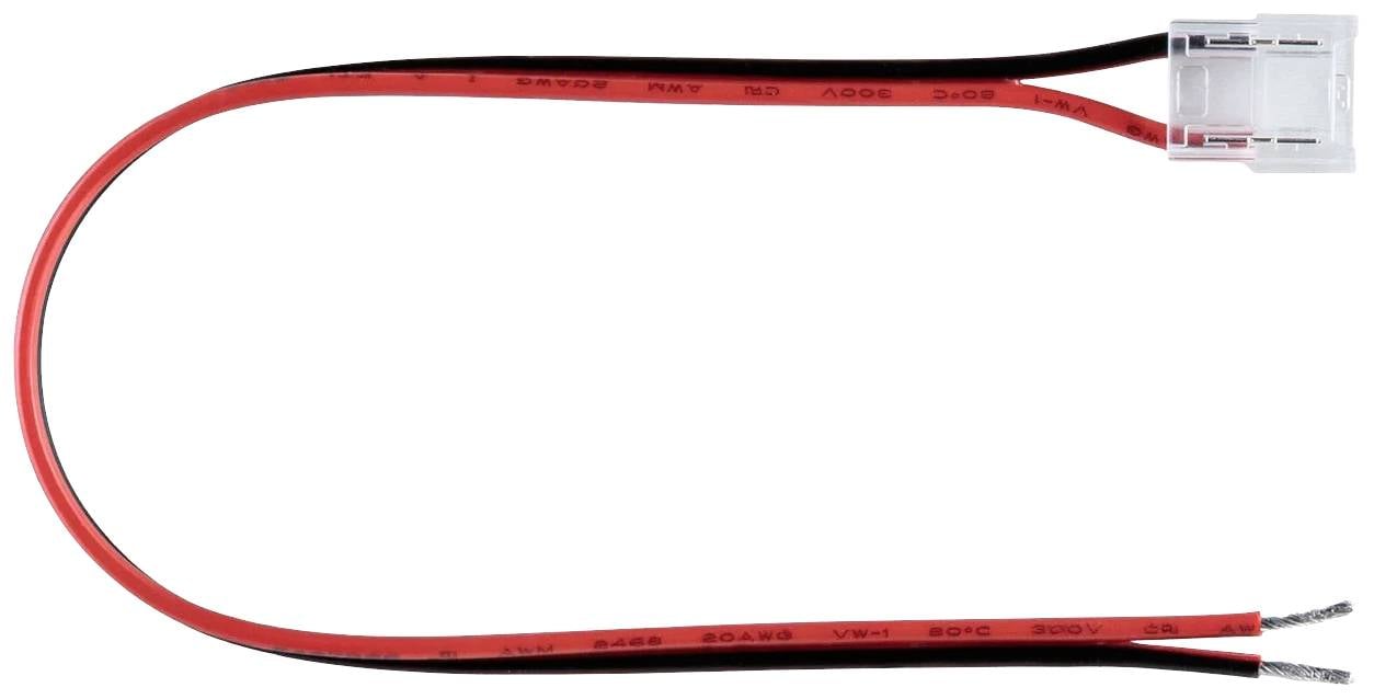 Un câble rouge et noir avec une extrémité dénudée et un connecteur transparent.