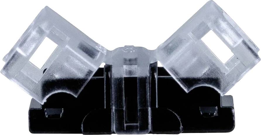 Pince en plastique avec deux ailettes transparentes sur une base noire, élément d'accessoire typique pour la fixation de câbles.