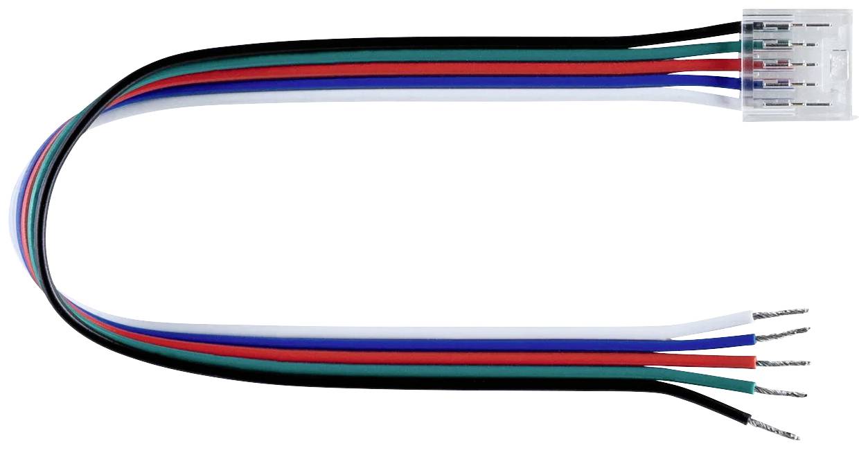 'Câble en nappe à cinq fils de couleurs différentes, se terminant par un connecteur en plastique. Adapté pour les connexions électroniques.'