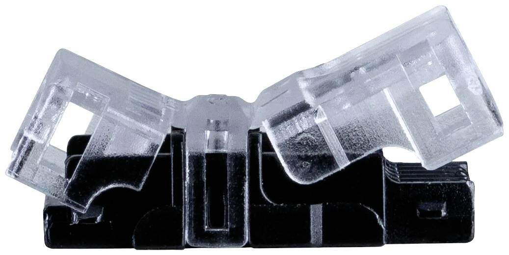 Une gaine de jonction en plastique, composée de deux parties transparentes sur une base noire, sert à la connexion de câbles.