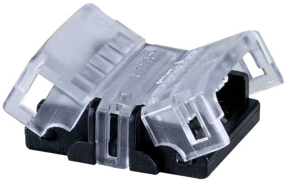 Connecteur en plastique transparent ouvert, montrant les contacts métalliques internes. Utilisé pour connecter électriquement des câbles sans souder.