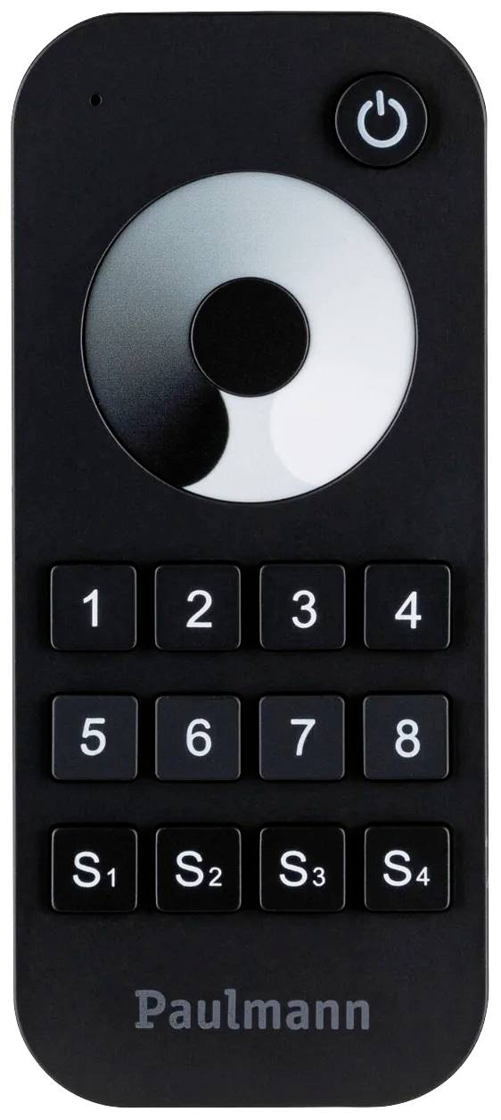 Télécommande noire avec des numéros de 1 à 9 et des touches S1 à S4. En haut, un interrupteur marche/arrêt et un motif circulaire, marque Paulmann.