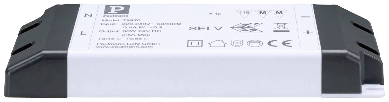 Appareil électronique blanc avec bordure noire, l'étiquette affiche des spécifications et des symboles tels que CE et SELV.