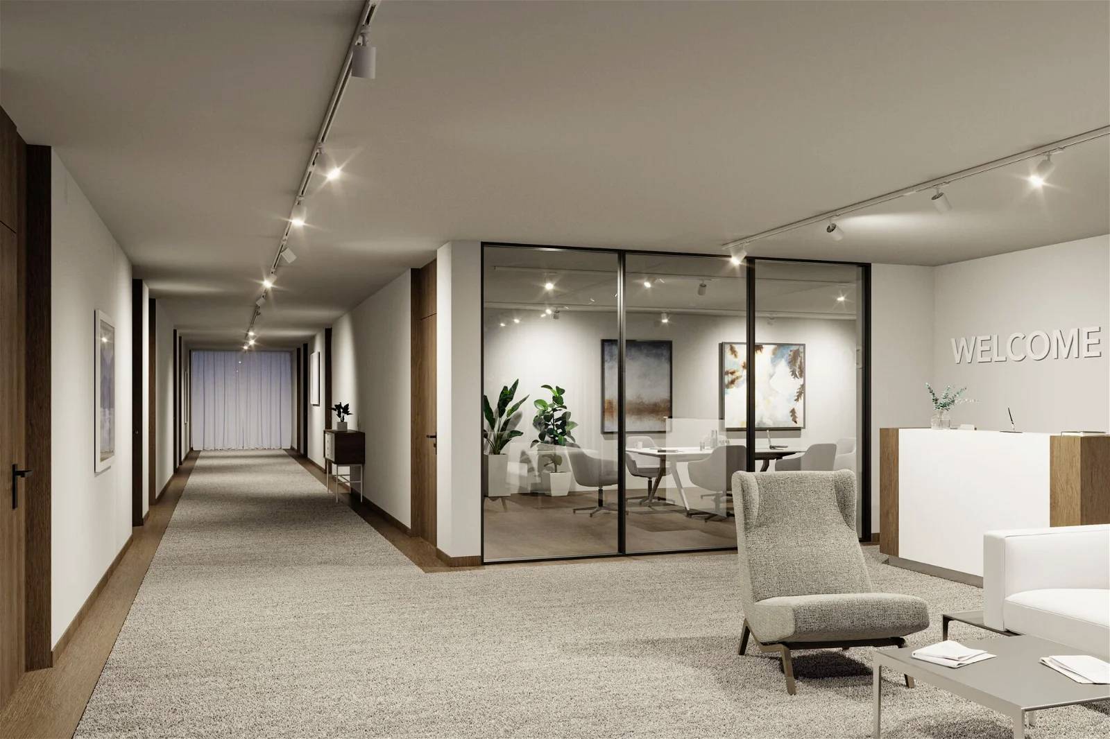 Hall de réception moderne avec portes vitrées, moquette claire et un panneau indiquant 'WELCOME'. Espace d'attente situé à droite au premier plan.