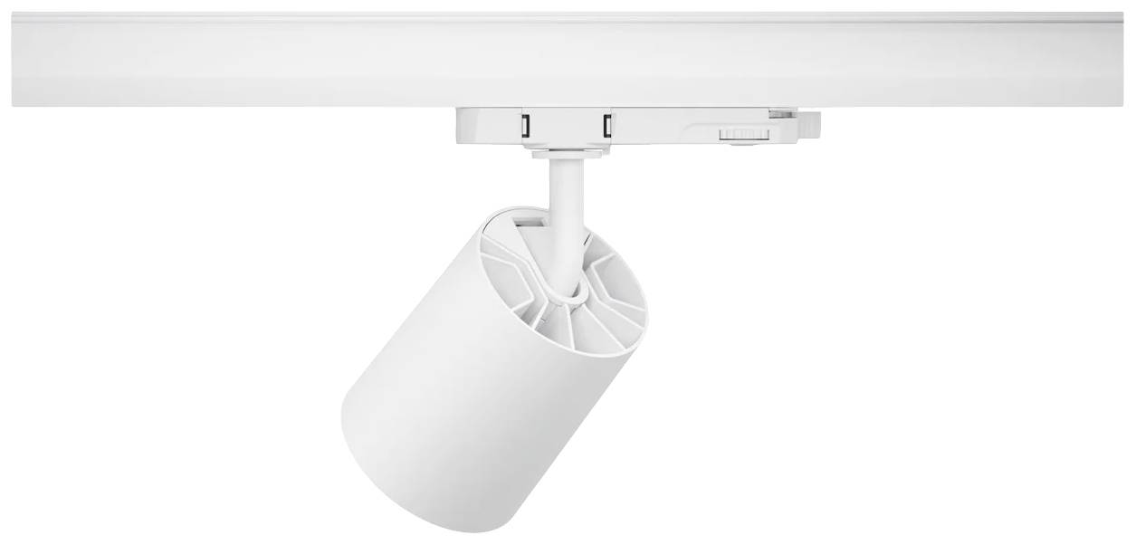 Un projecteur LED cylindrique blanc est monté sur un rail et peut être pivotant et orientable pour diriger la lumière.