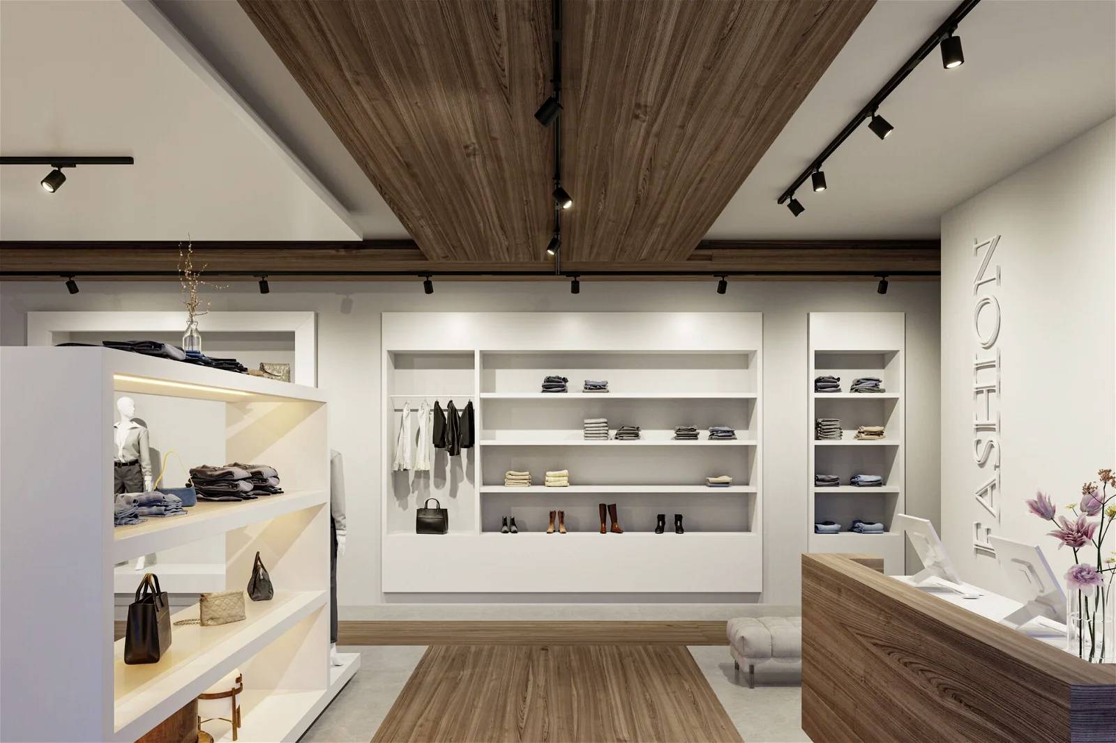 Boutique de mode moderne avec un plafond en bois élégant, des étagères blanches remplies de vêtements et d'accessoires, un comptoir d'accueil à droite.