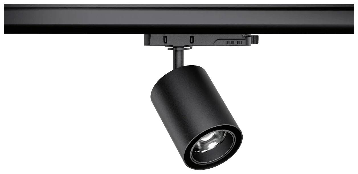 Projecteur de plafond noir, cylindrique, monté sur un rail, dirigé vers le bas.