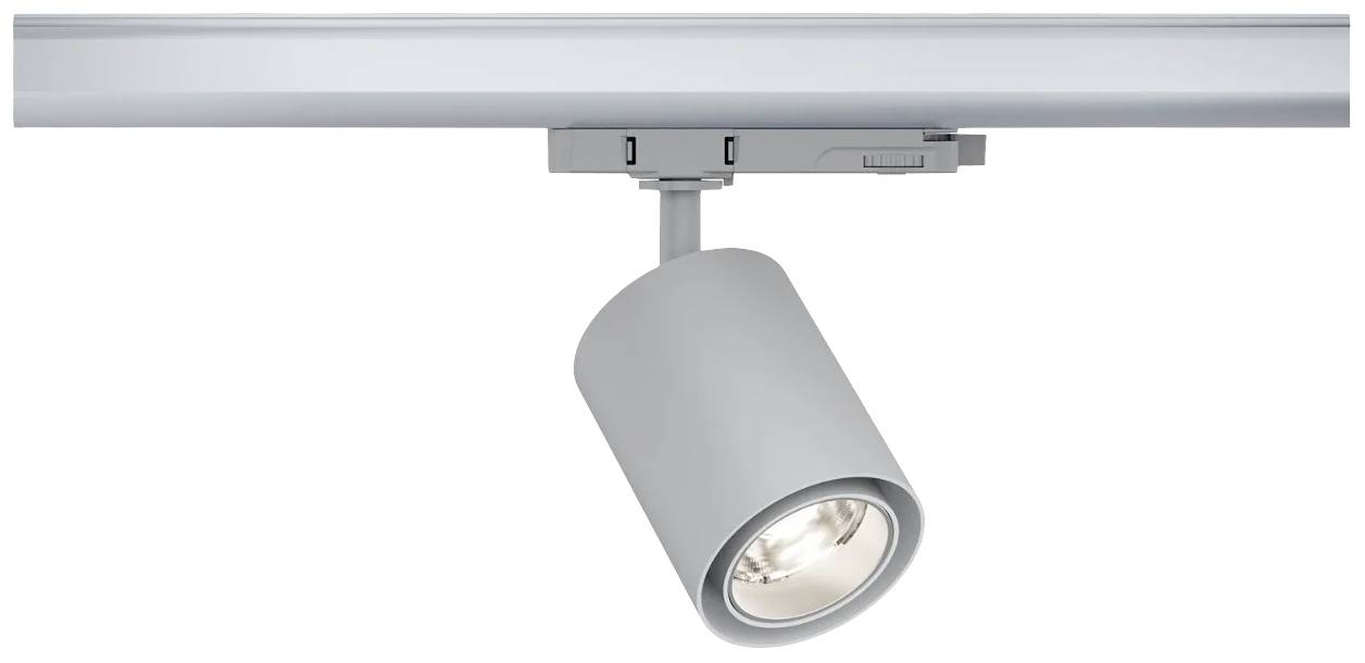 Un luminaire de plafond unique en forme de cylindre, argenté, monté sur un rail, dirigeant la lumière vers le bas.
