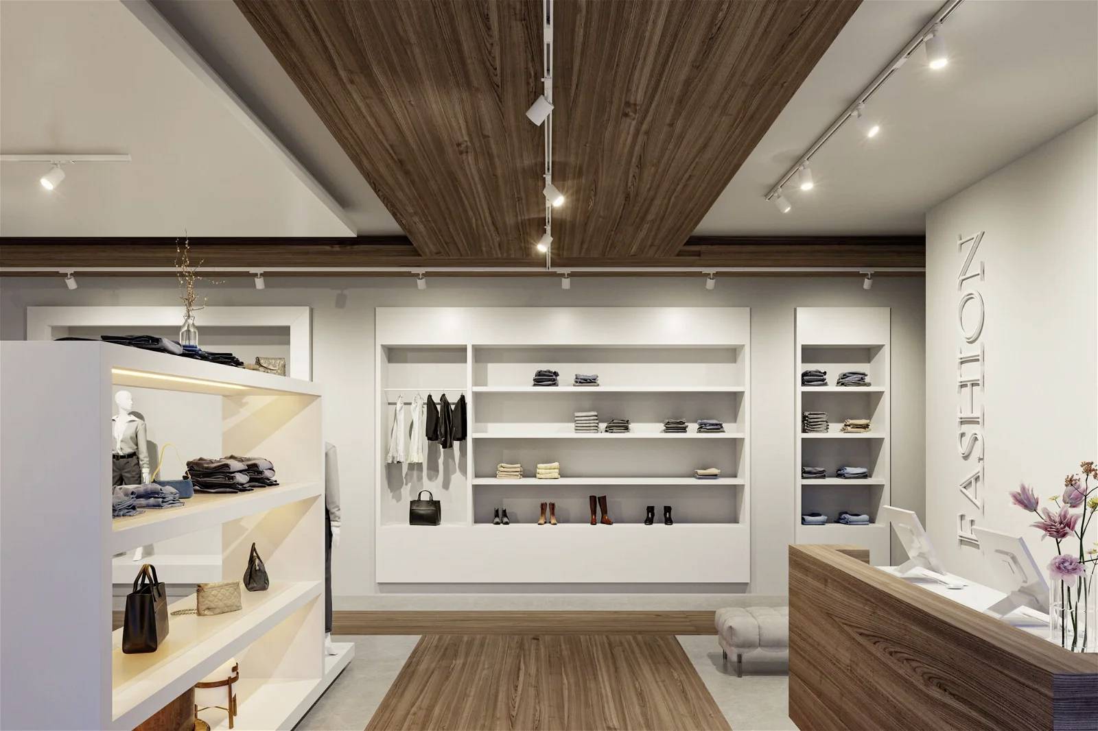 Un magasin de vêtements moderne avec une décoration en bois. Des étagères présentent des vêtements pliés, des chaussures et des sacs. À droite, un comptoir avec des fleurs.