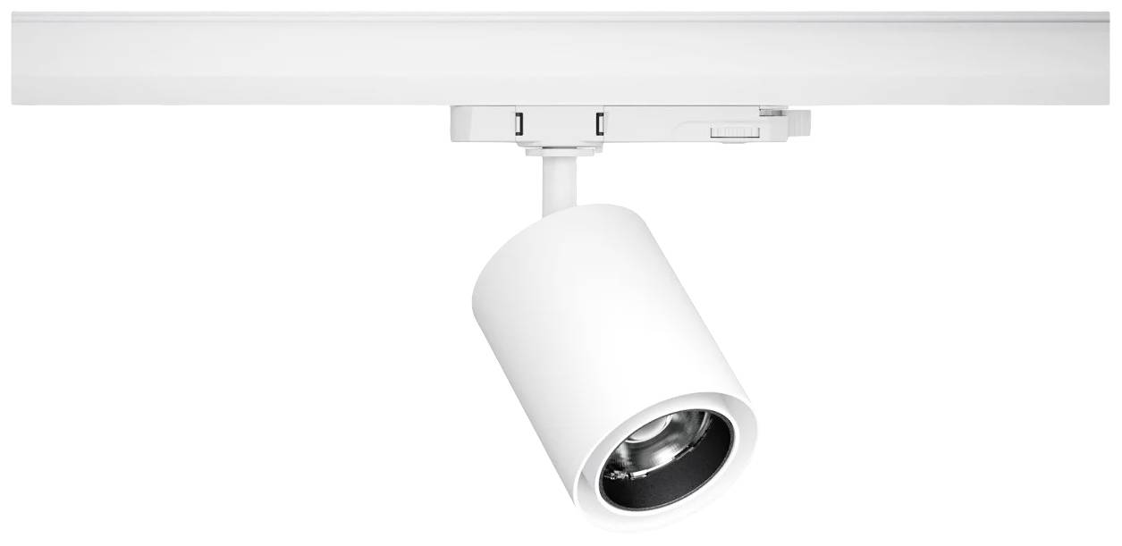 Un projecteur blanc, monté sur un rail, dirigé vers le bas. Idéal pour un éclairage ciblé à l'intérieur.
