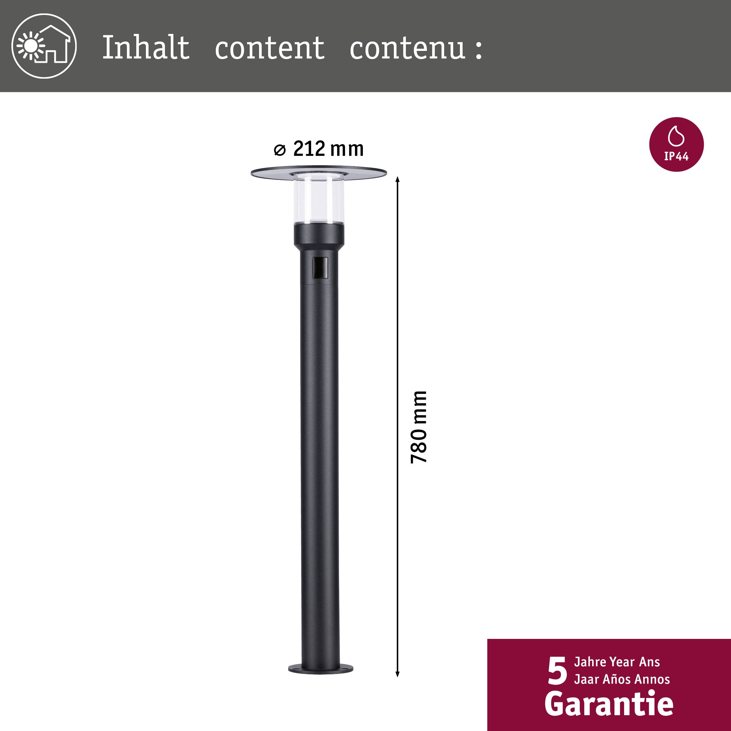 'Lampe de jardin noire avec certification IP44, abat-jour rond et hauteur de 780 mm. 5 ans de garantie.'
