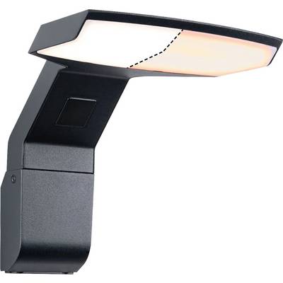 Un luminaire extérieur moderne noir avec une tête d'éclairage inclinée et plate, équipé d'un éclairage LED. Il est adapté pour une installation murale.