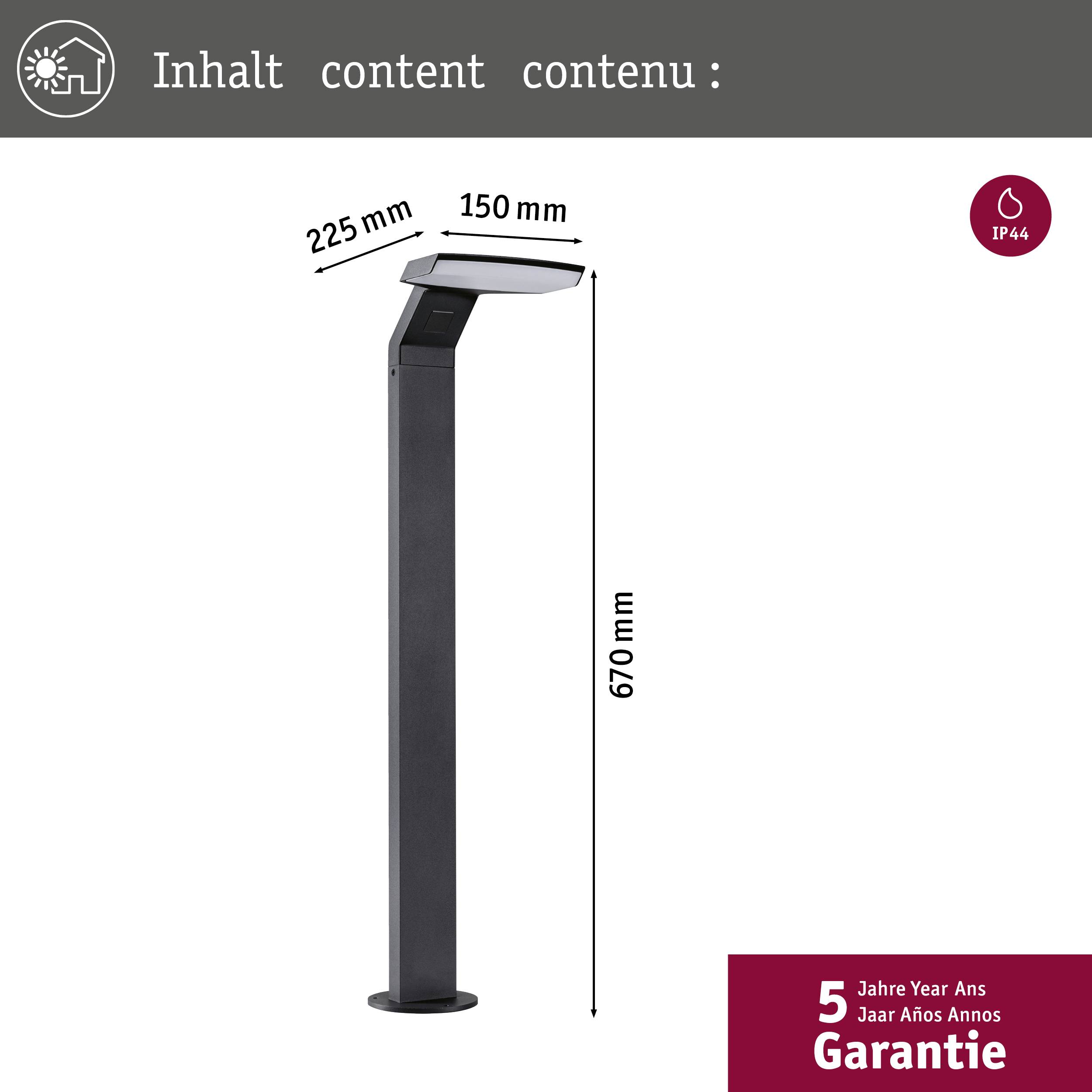 Lampe extérieure noire à tête rectangulaire, dimensions : 225 mm x 150 mm x 670 mm. Étanche (IP44), garantie de 5 ans.