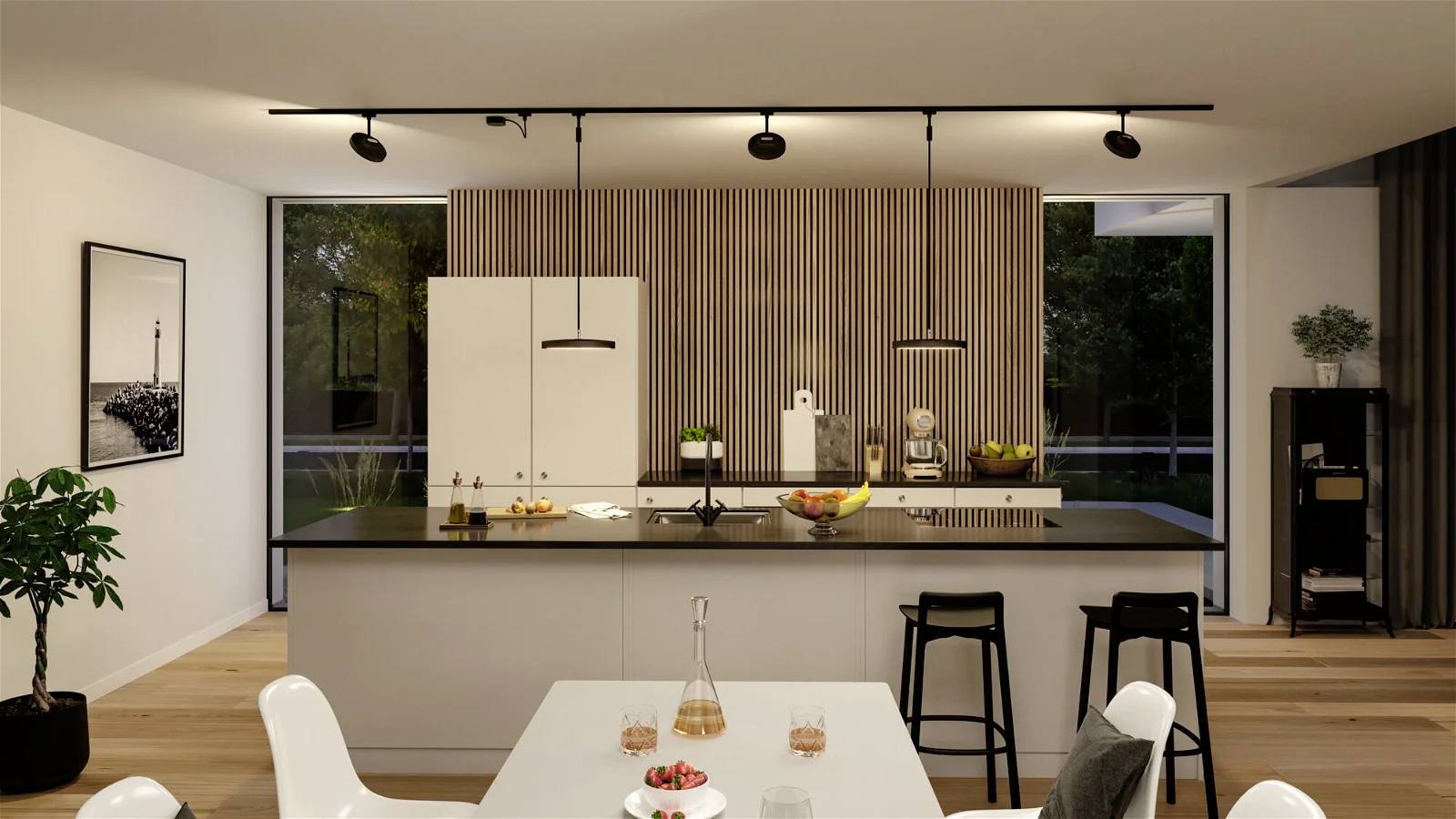 Cuisine moderne avec armoire blanche et plan de travail noir, îlot central avec tabourets de bar, bien éclairée, avec des panneaux de bois en arrière-plan.