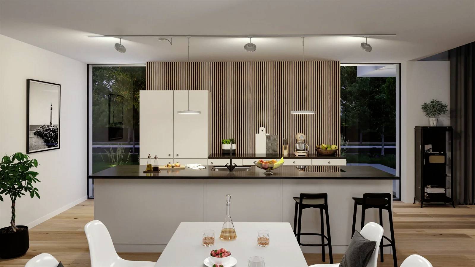 Cuisine moderne avec îlot central, armoires blanches, tabourets de bar noirs et revêtement mural en bois. De grandes fenêtres offrent une vue sur l'extérieur.