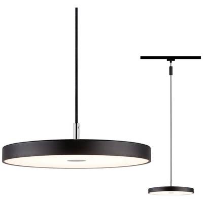 Suspension ronde noire avec lumière blanche, suspendue par un câble fin au plafond. Design minimaliste.