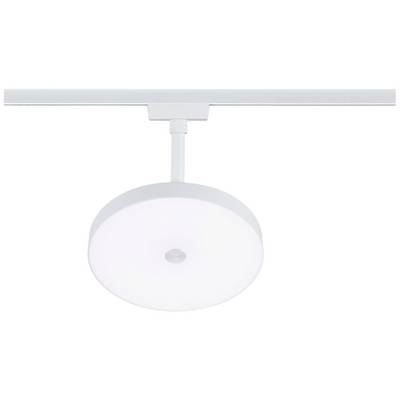 Plafonnier blanc au design rond et plat, monté sur rail. Adapté aux espaces de vie modernes ou aux bureaux.