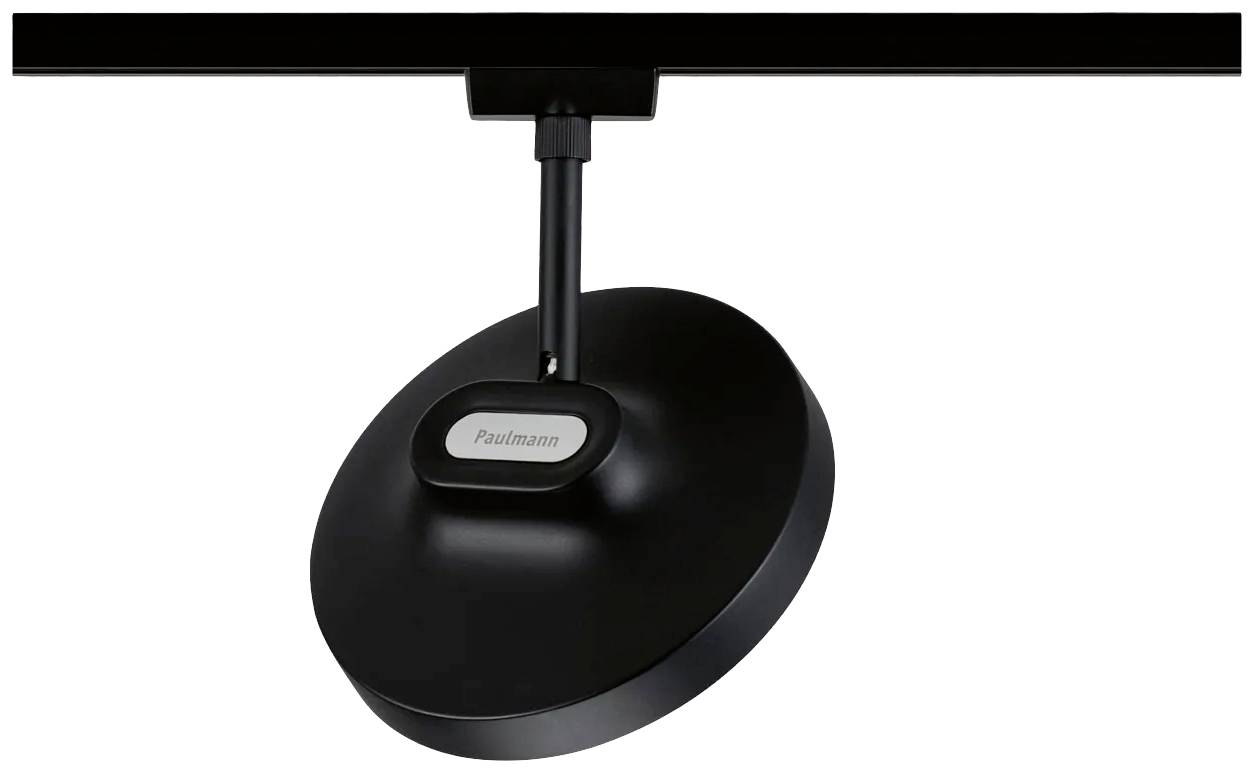 Projecteur noir rond avec tête pivotante, fixé sur un rail métallique, adapté pour un éclairage individualisé.