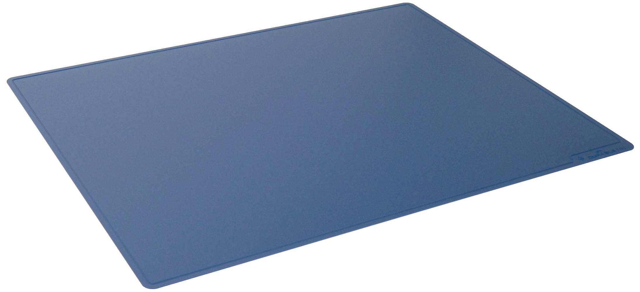 Sous-main bleu en plastique rectangulaire, lisse et sobre, idéal pour protéger la surface de la table.