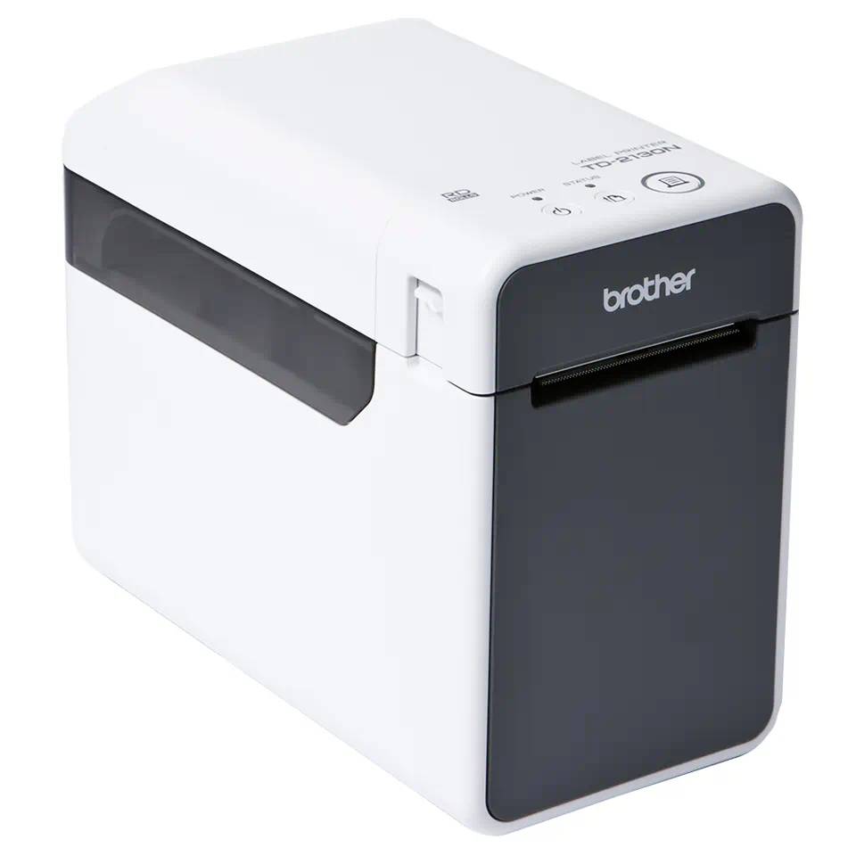 Imprimante Brother blanche avec vue frontale noire, compacte et rectangulaire, adaptée à l'impression de bureau.