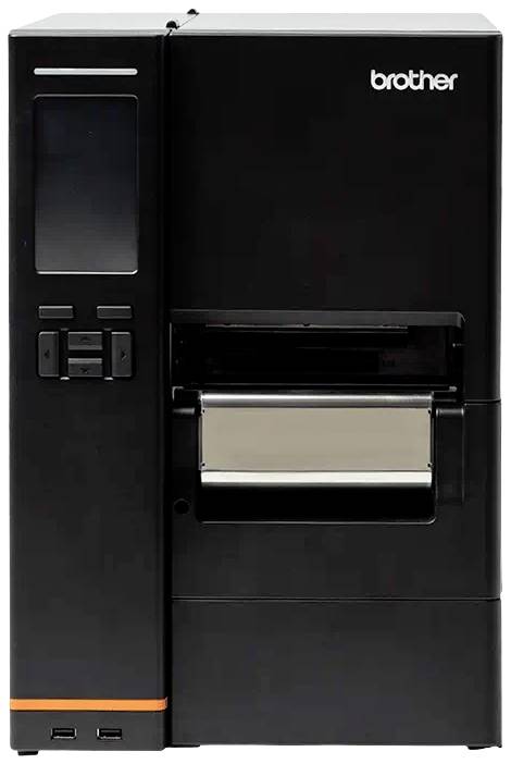 Imprimante d'étiquettes noire, rectangulaire, avec affichage et panneau de commande à gauche, ouverture à droite pour retirer les étiquettes imprimées.