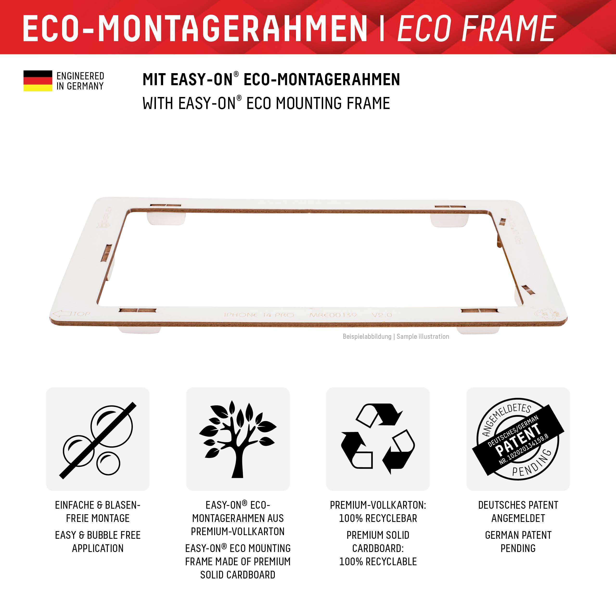 'ECO-MONTAGERAHMEN | ECO FRAME' présente un cadre de montage blanc, des logos de certification et des avantages tels qu'un montage facile et moins de CO2.