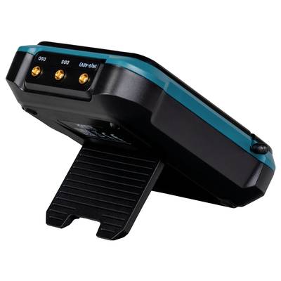 Un appareil électronique noir avec trois connexions dorées sur un support pliable, probablement un chargeur.