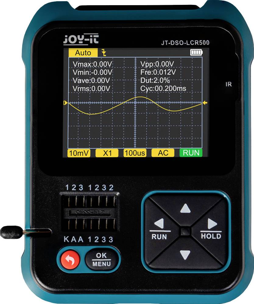 Oscilloscope numérique portable avec écran affichant une forme d'onde sinusoïdale. Boutons de réglage et touches de contrôle visibles en bas.