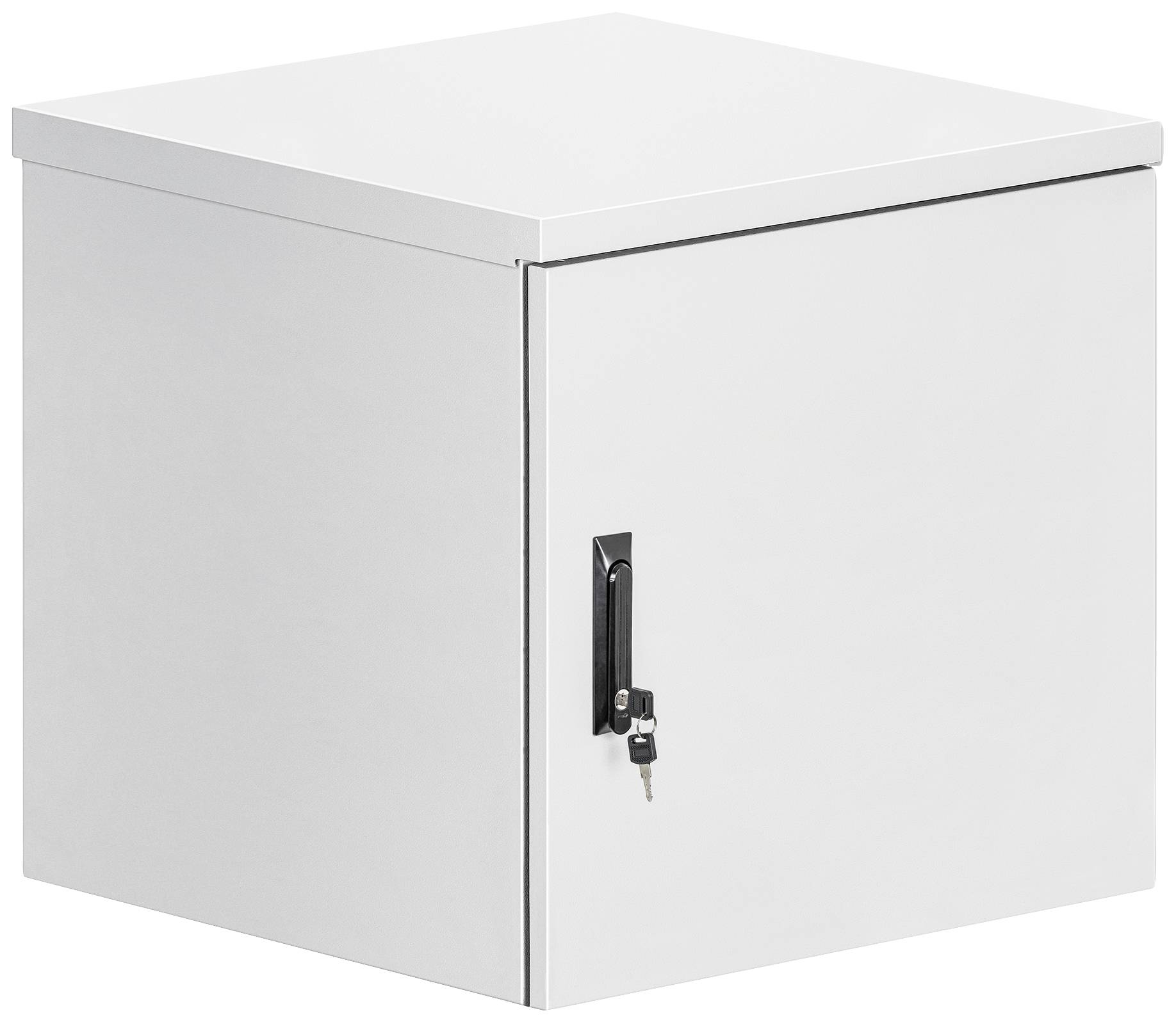 Un placard métallique blanc, carré, avec une porte et une poignée noire munie d'une serrure. Le placard est fermé.