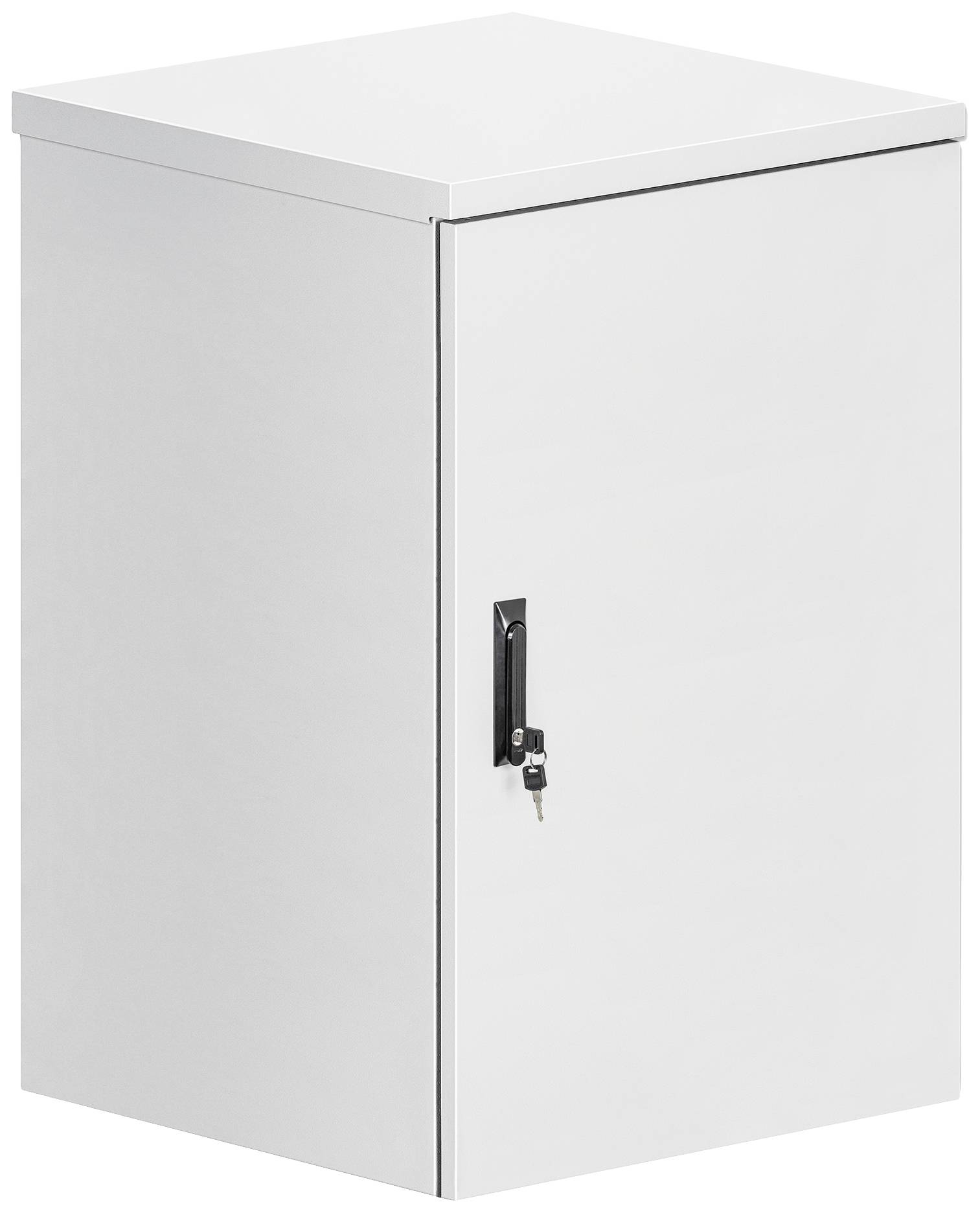 Armoire métallique munie d'un cadenas et d'une clé sur la façade avant. Forme carrée, en position fermée.