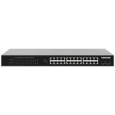 Commutateur réseau noir avec 24 ports Ethernet et 2 ports supplémentaires sur la droite, adapté aux fins de distribution de données dans les réseaux.