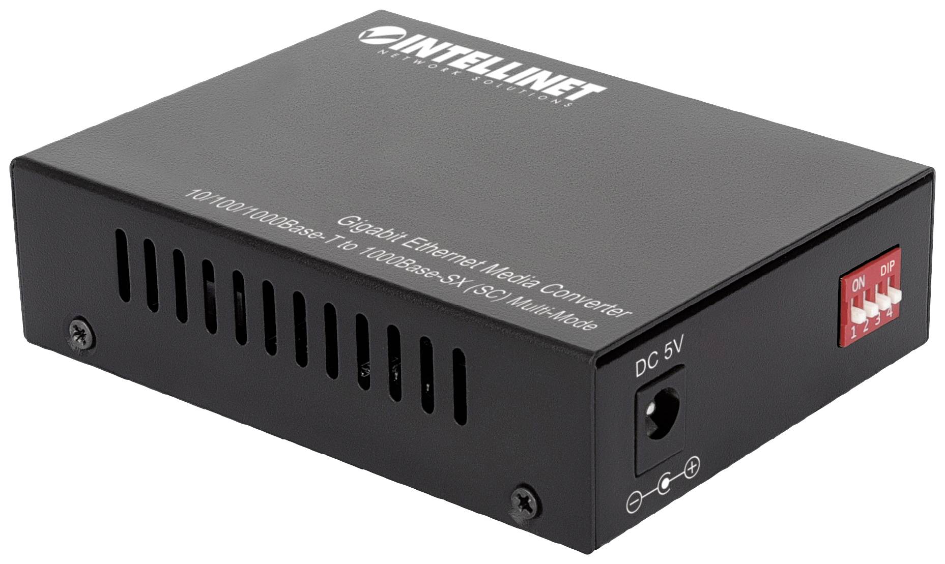 Convertisseur de média Ethernet Gigabit INTELLINET, un appareil noir avec des fentes de ventilation, des ports et un commutateur sur le côté.