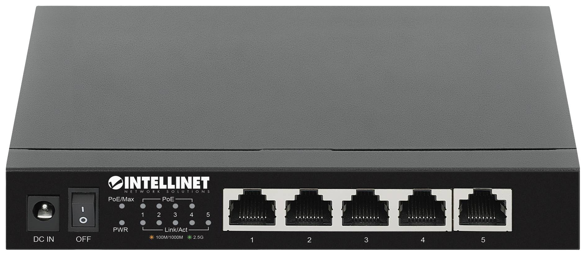 Un commutateur réseau noir avec cinq ports Ethernet, un indicateur d'alimentation et l'inscription 'Intellinet' sur le devant.