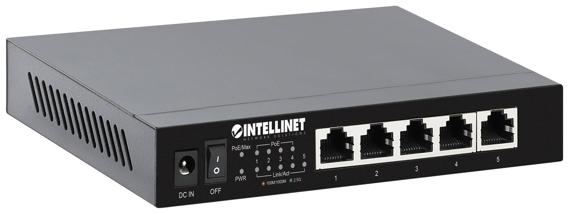 Un commutateur réseau noir avec cinq ports Ethernet et des voyants d'alimentation et d'activité réseau sur le devant.