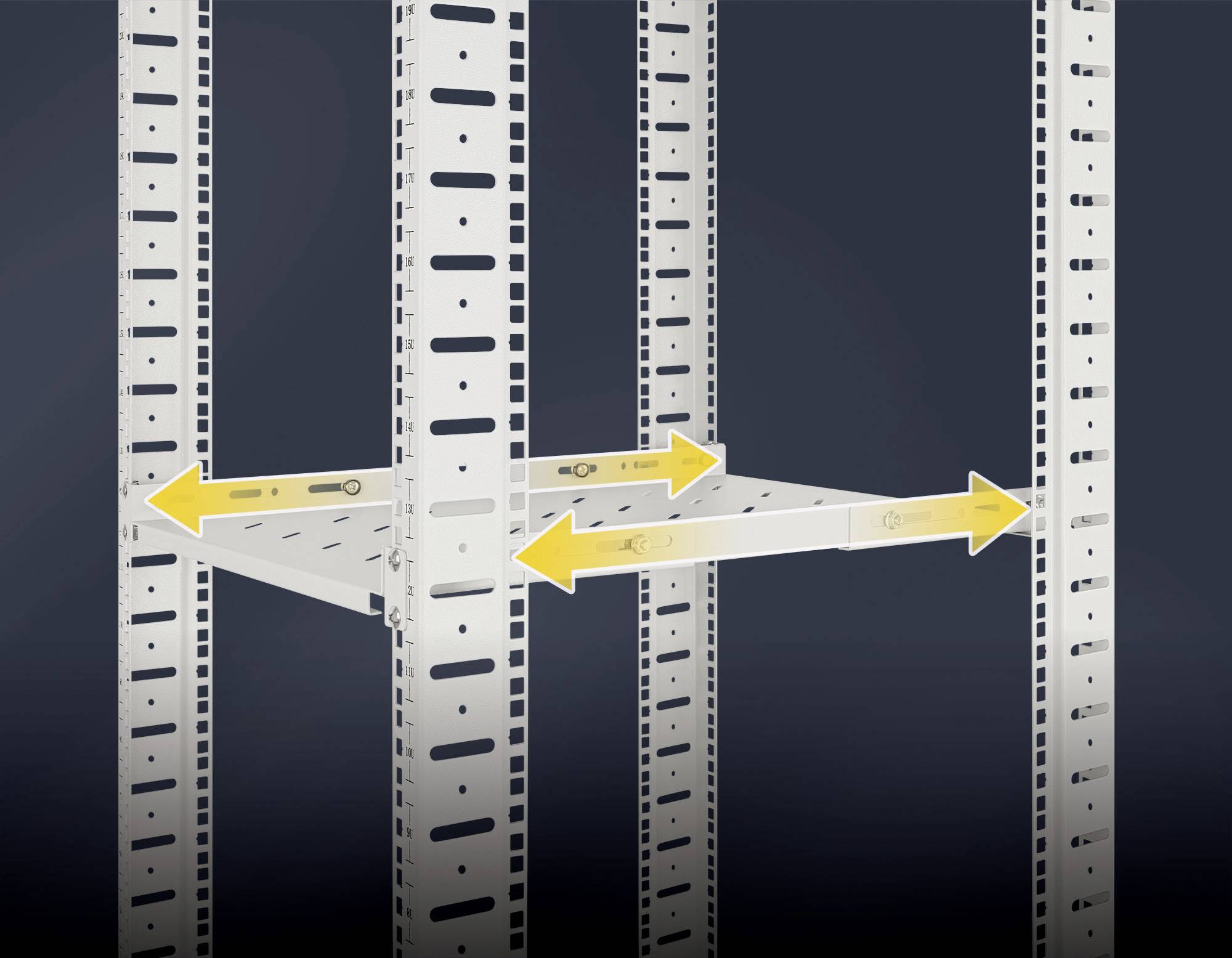 Étagère métallique avec quatre supports verticaux et une tablette horizontale. Des flèches jaunes indiquent les points d'enclenchement pour un réglage flexible de la hauteur.