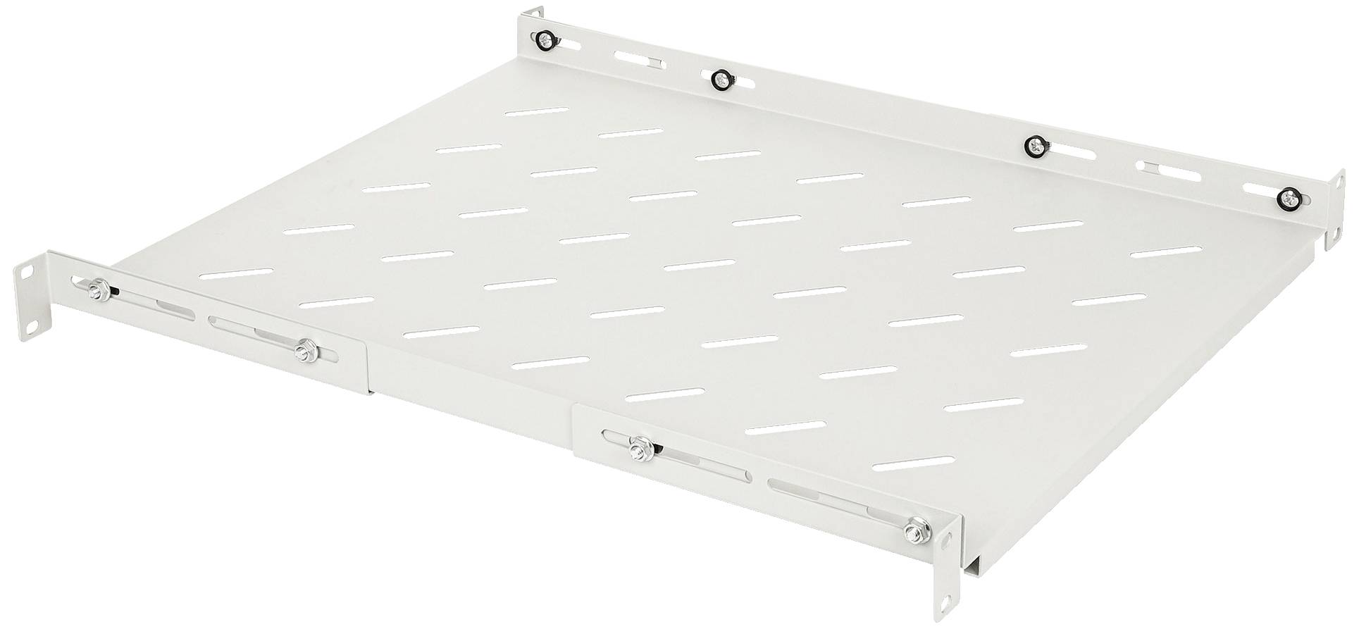 Une étagère en métal blanc perforée, conçue pour être installée dans un rack serveur, avec des supports réglables.