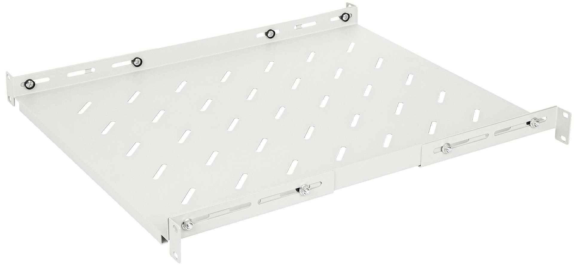 Un étagère métallique blanche perforée, avec des supports réglables sur les côtés. Idéale pour une installation dans un rack serveur.