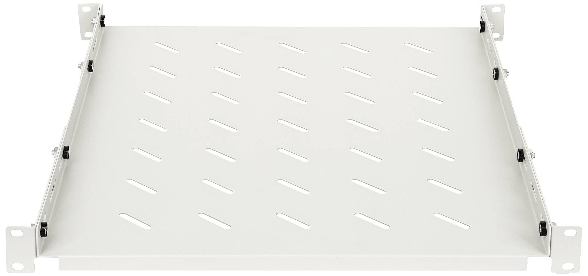 Un rack métallique blanc avec des rainures, adapté au montage dans un rack serveur. Il dispose de trous de fixation latéraux.