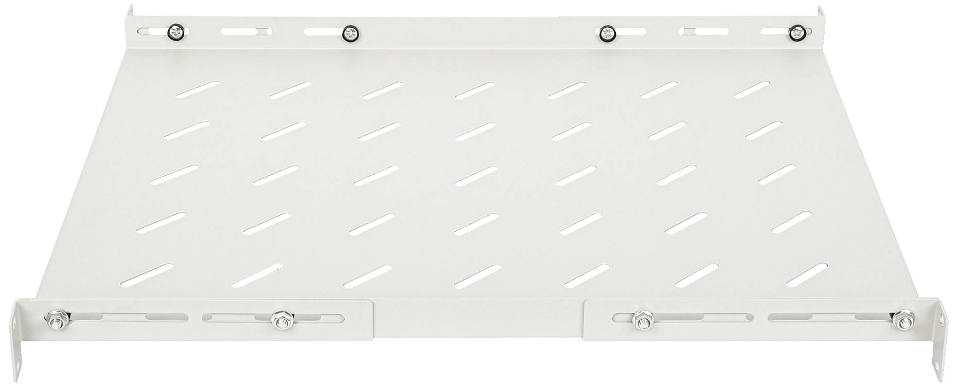 Étagère métallique blanche avec des fentes obliques et deux supports, adaptée aux systèmes de montage ou aux unités de rangement.